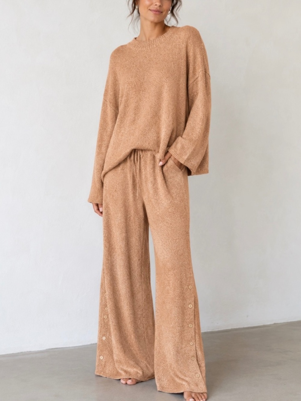 Free People Free-est Button Up Mock Neck Wide Leg Sweater 2 Piece Set Sz SP